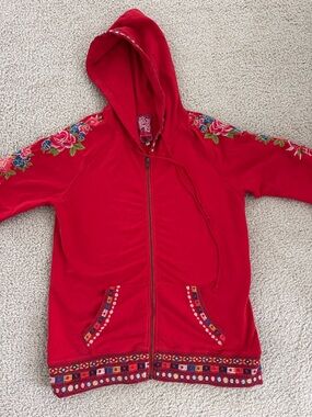 Johnny Was Red Embroidered Zip-Up Hoodie with Floral Accents